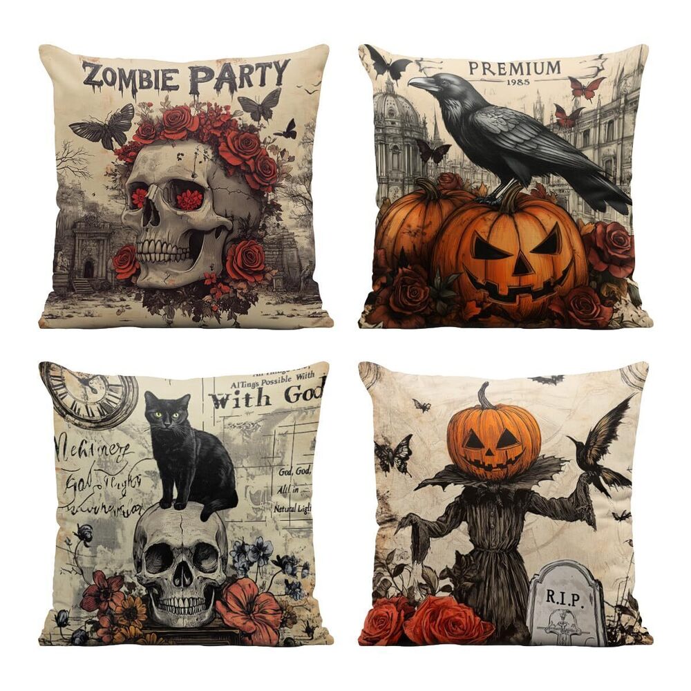 5435 Halloween Pillow Covers 18x18 Inch Set of 4, Dark Gothic Skull Pumpkin